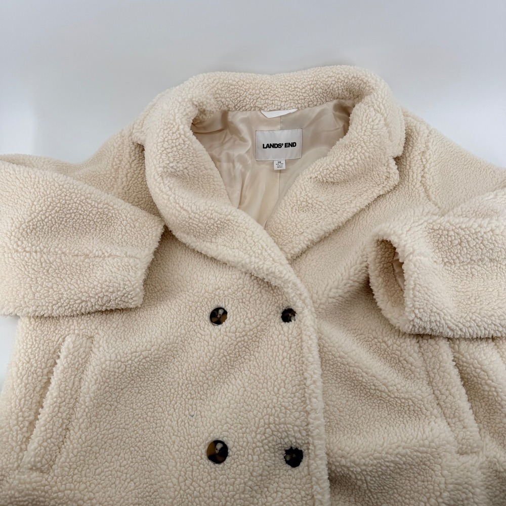 Lands End Sherpa Teddy Coat Faux Shearling Double Breasted Cream 1X 16W-18W